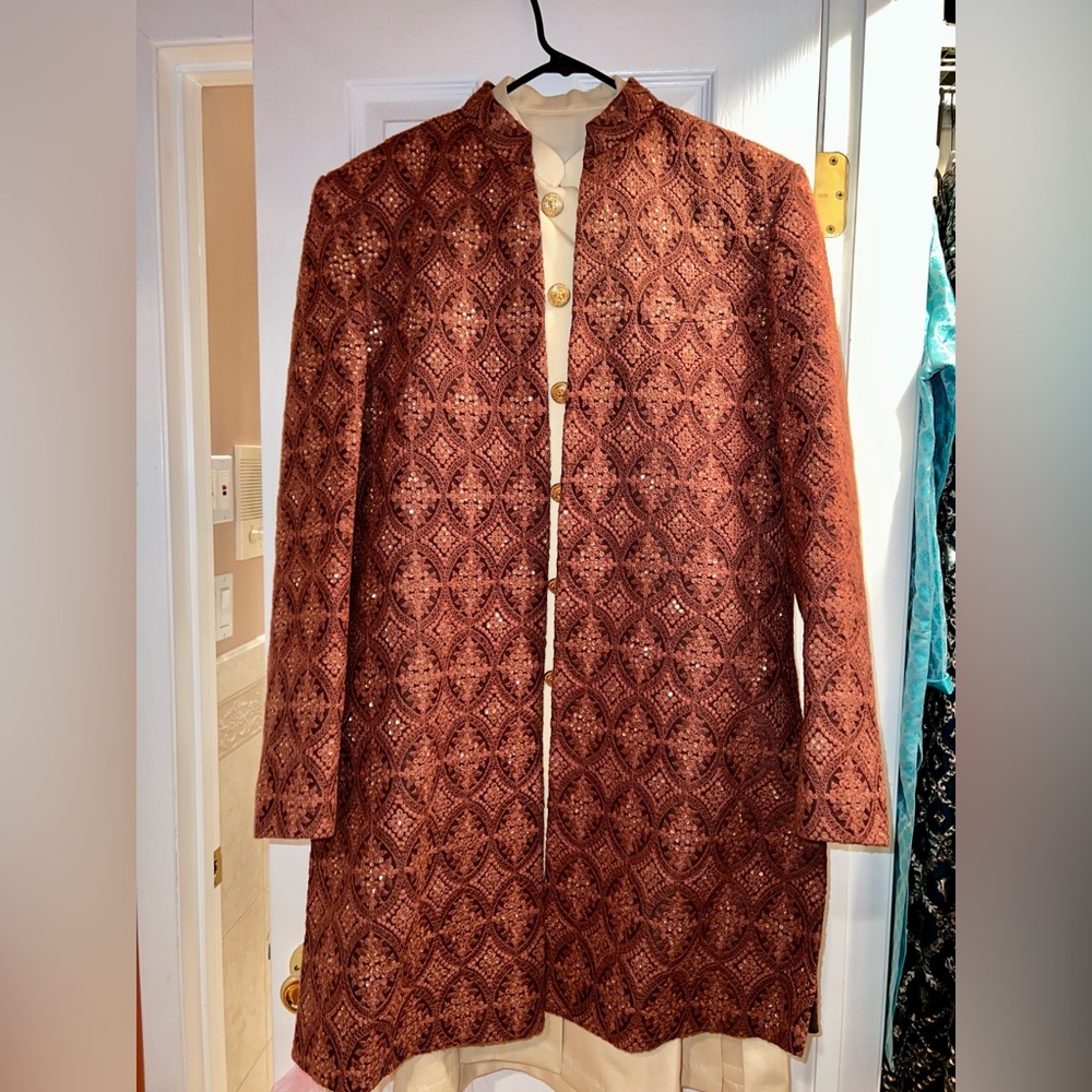 Men’s Indo-western Sherwani waistcoat and silk kurta pajama with custom buttons